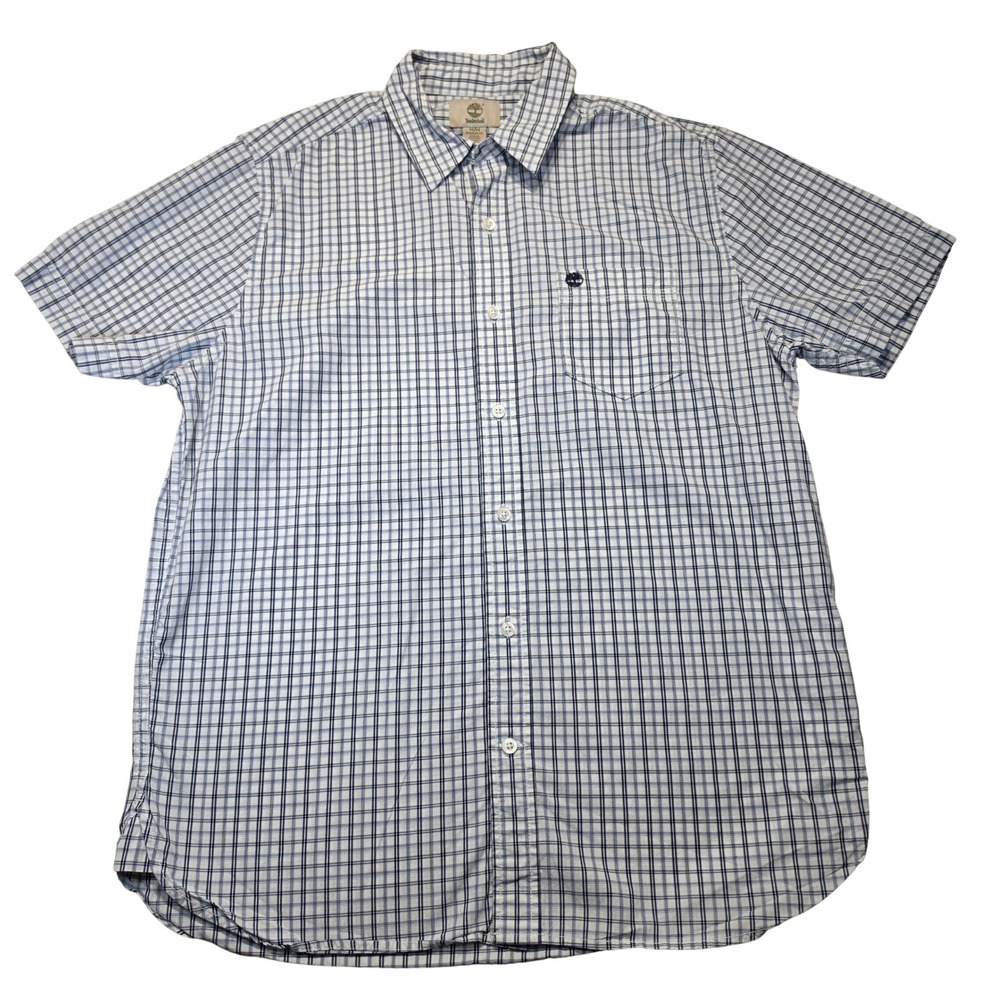 Timberland Mens Plaid Short Sleeve Button Down Shirt Blue White Sz M